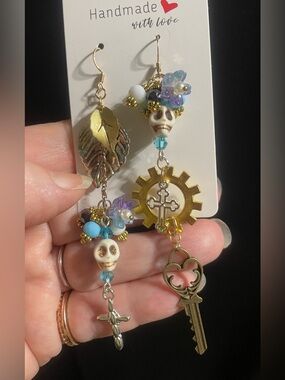 Handcrafted Multicolor Skull & Cross Dangle Earrings